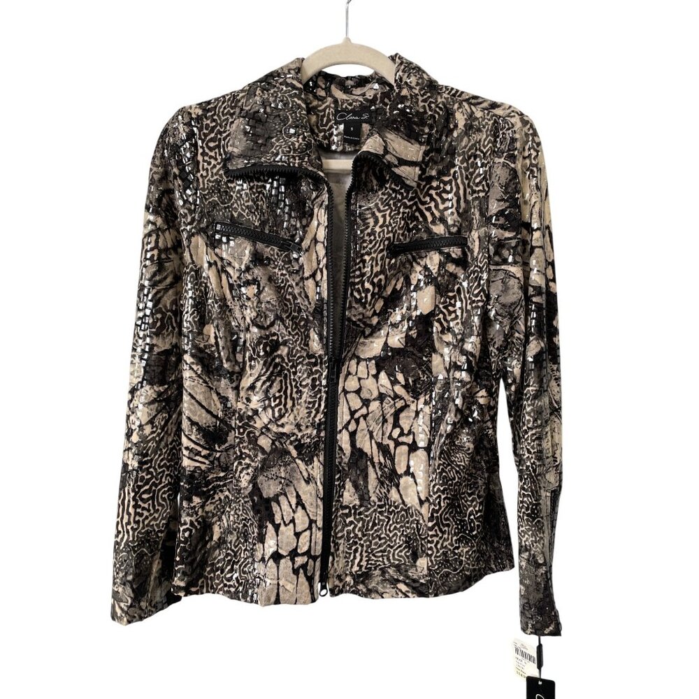 Vintage Clara S Full Zip Jacket Sz Small Animal Print Black Beige Deadstock NEW
